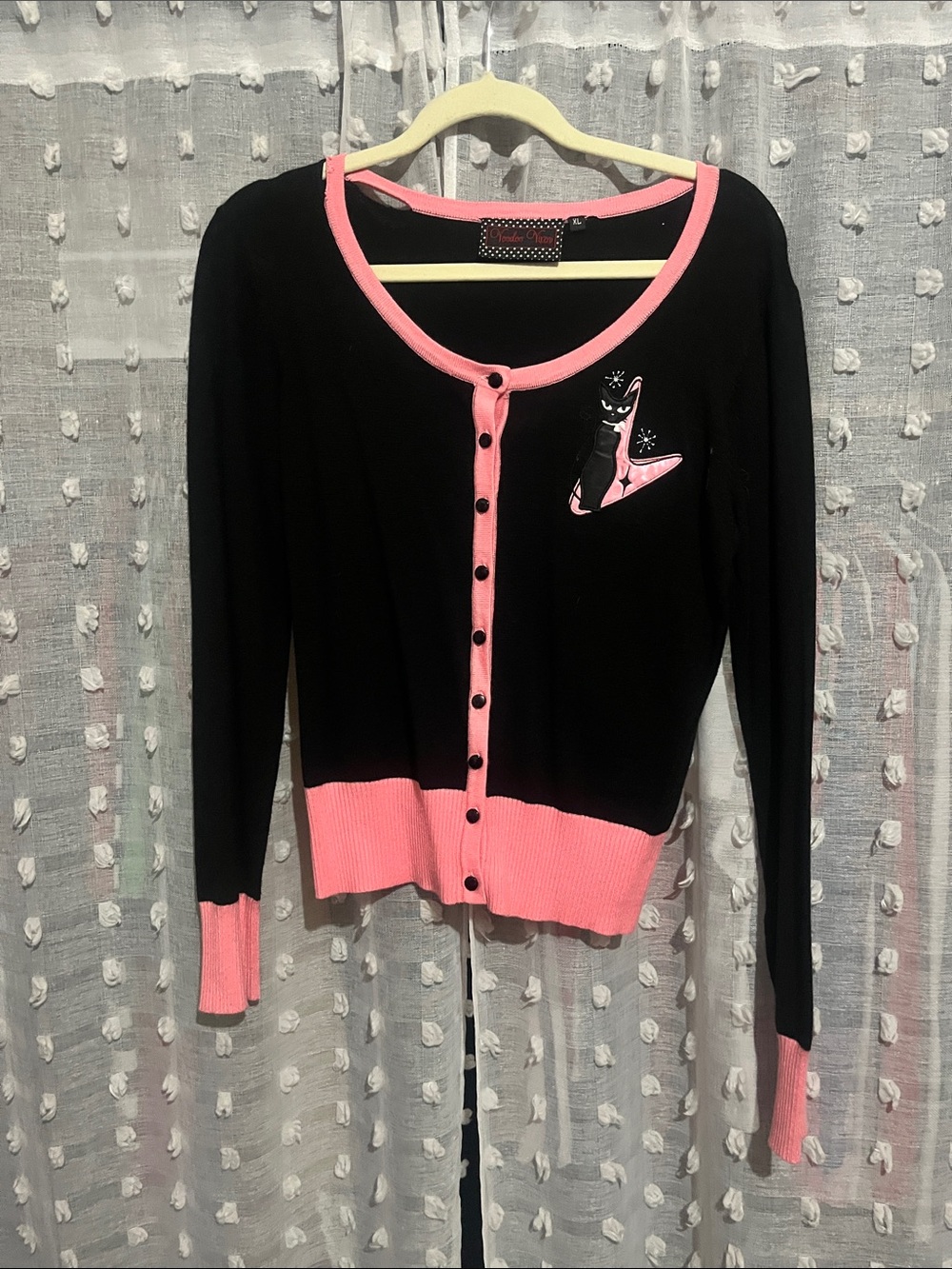 Voodoo Vixen Black and Pink Button-Up Cardigan with Cat Patch